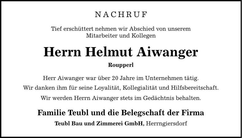 Traueranzeige Helmut Aiwanger
