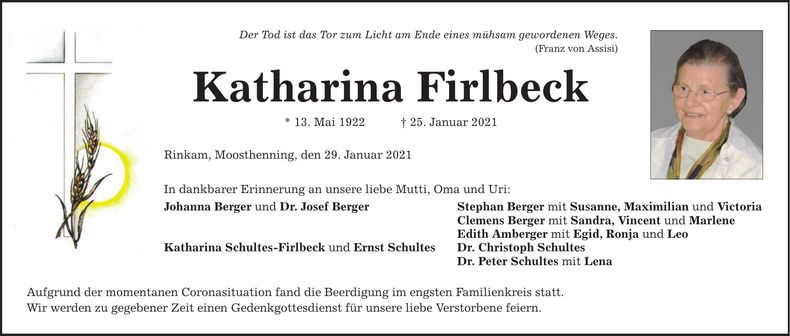 Traueranzeige Katharina Firlbeck
