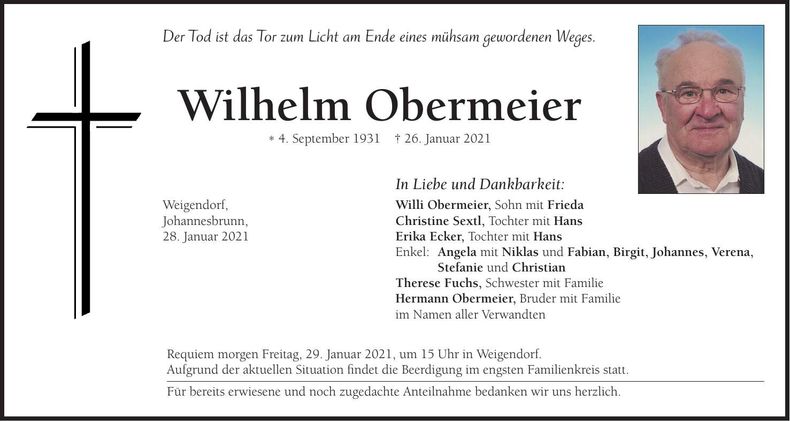 Traueranzeige Wilhelm Obermeier
