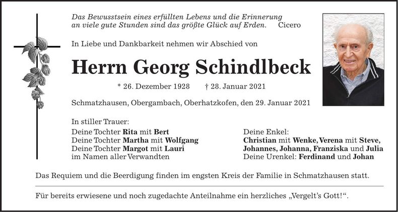 Traueranzeige Georg Schindlbeck