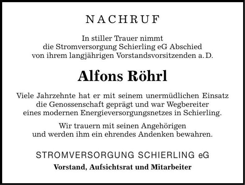 Traueranzeige Alfons Röhrl
