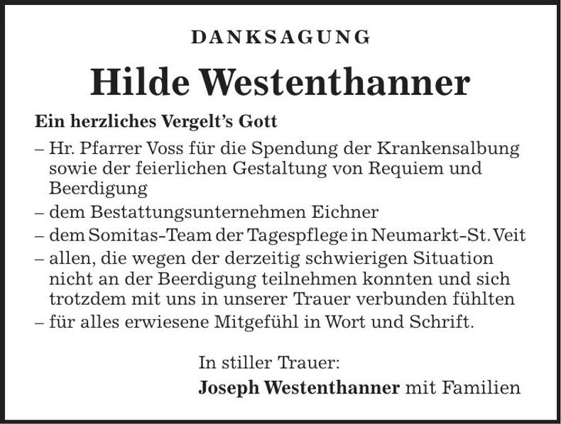 Traueranzeige Hilde Westenthanner