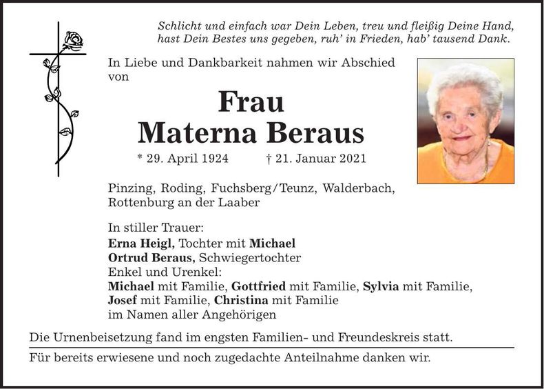 Traueranzeige Materna Beraus