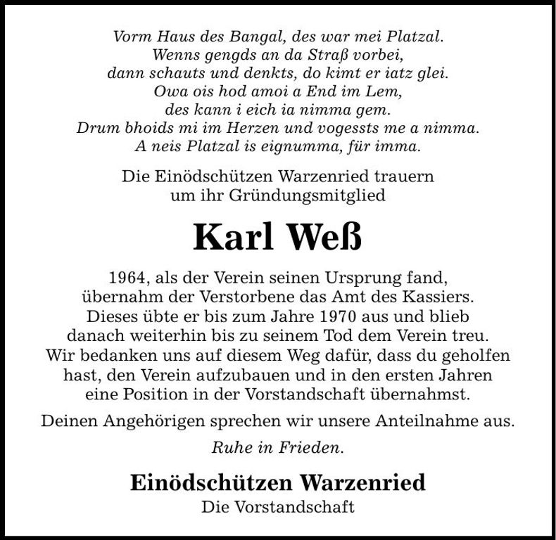 Traueranzeige Karl Weß