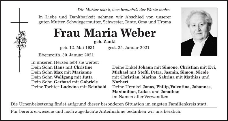 Traueranzeige Maria Weber