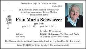 Traueranzeige Maria Schwarzer