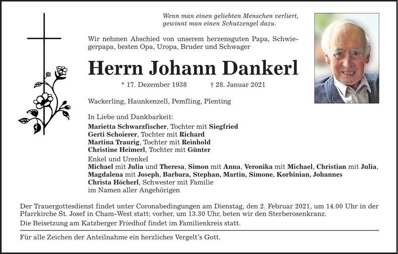 Traueranzeige Johann Dankerl