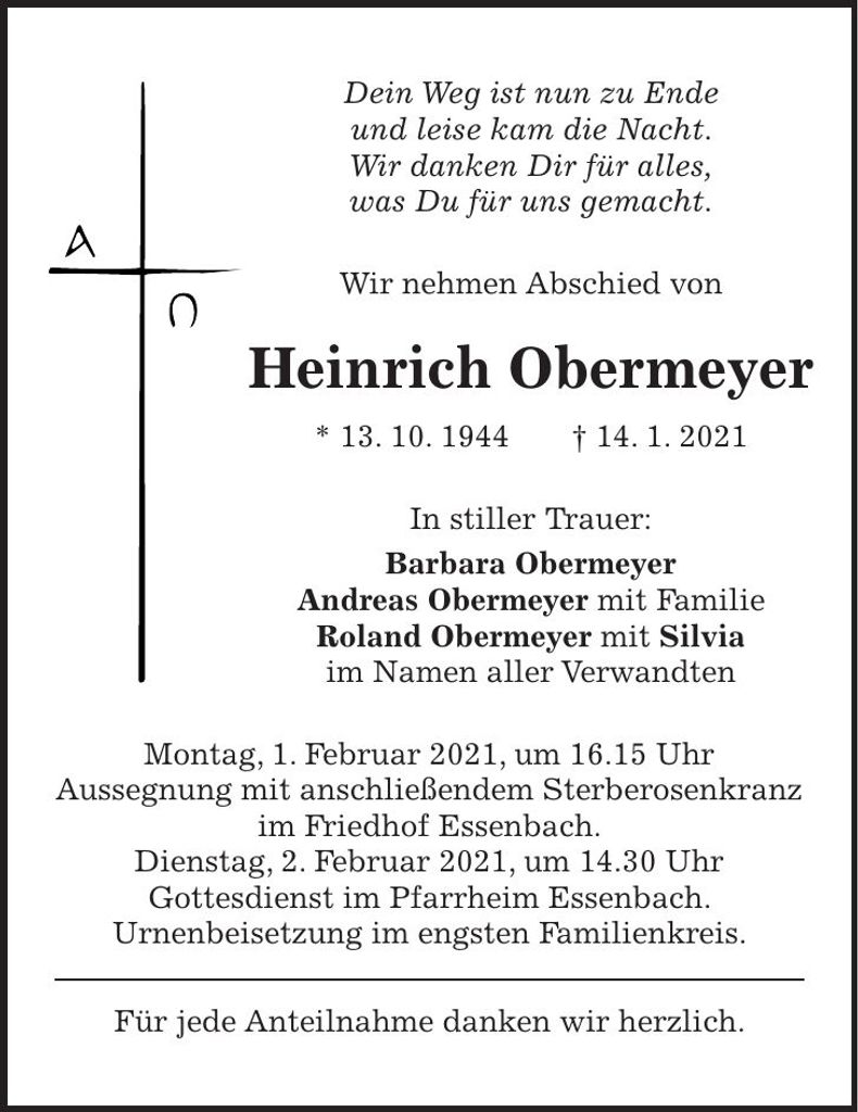 Traueranzeige Heinrich Obermeyer