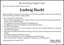 Traueranzeige Ludwig Hackl