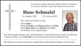 Traueranzeige Hans Schmalzl