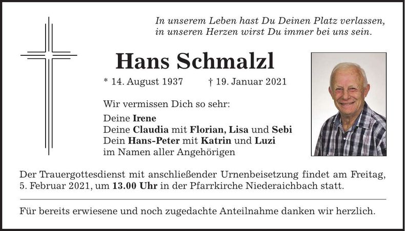 Traueranzeige Hans Schmalzl