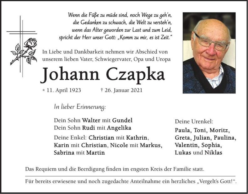 Traueranzeige Johann Czapka