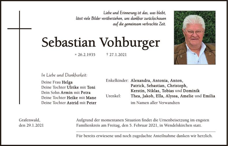Traueranzeige Sebastian Vohburger