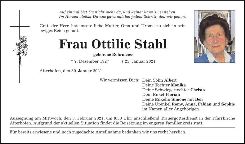 Traueranzeige Ottilie Stahl