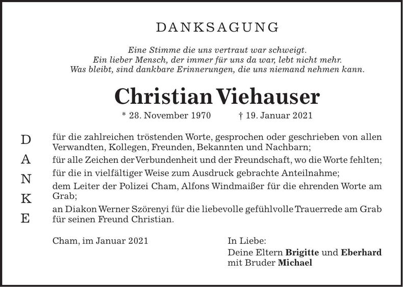Traueranzeige Christian Viehauser