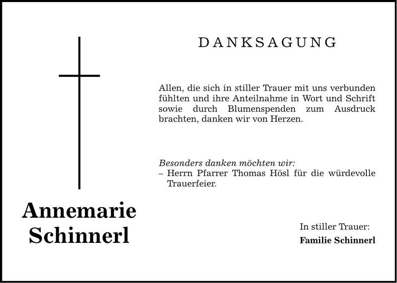 Traueranzeige Annemarie Schinnerl