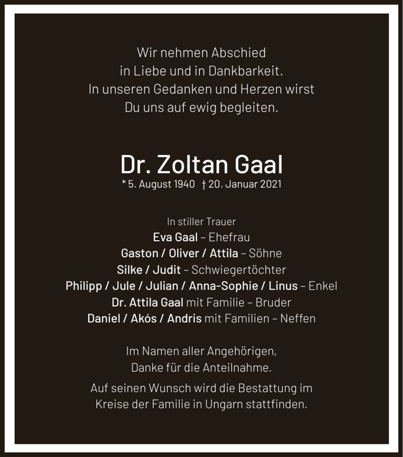 Traueranzeige Zoltan Dr. Gaal