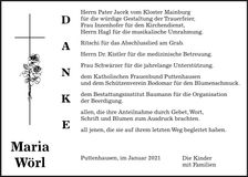 Traueranzeige Maria Wörl