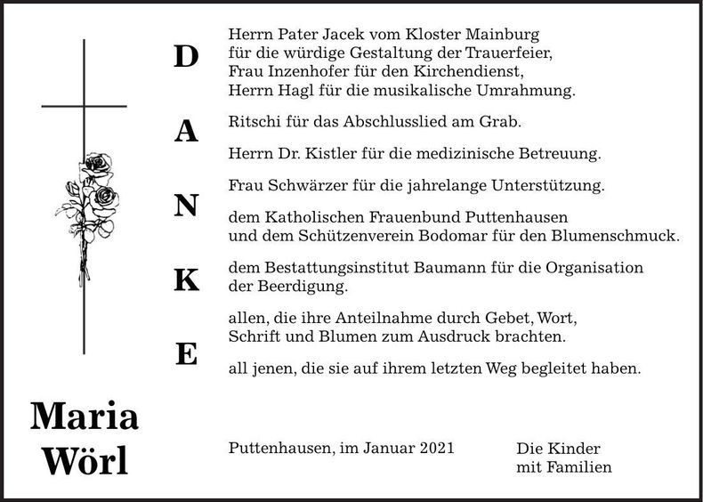 Traueranzeige Maria Wörl