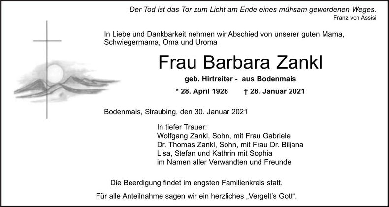 Traueranzeige Barbara Zankl