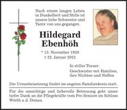 Traueranzeige Hildegard Ebenhöh