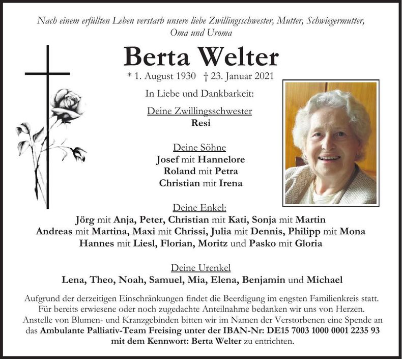 Traueranzeige Berta Welter