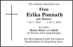 Traueranzeige Erika Ponnath
