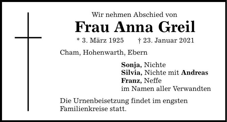 Traueranzeige Anna Greil