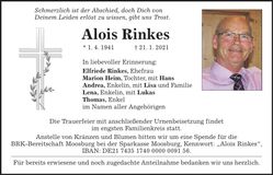 Traueranzeige Alois Rinkes