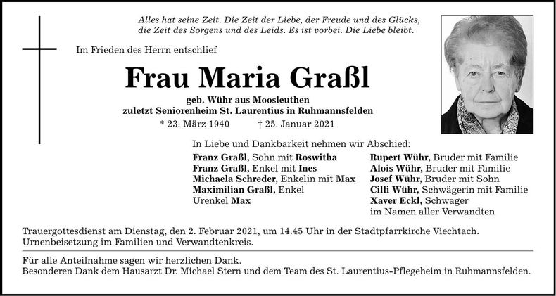 Traueranzeige Maria Graßl