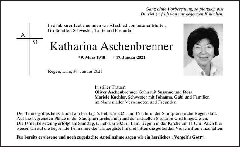 Traueranzeige Katharina Aschenbrenner