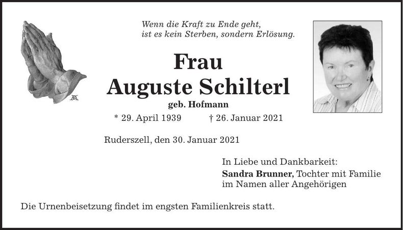 Traueranzeige Auguste Schilterl
