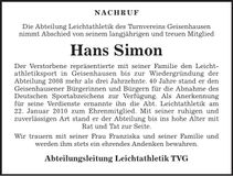Traueranzeige Hans Simon