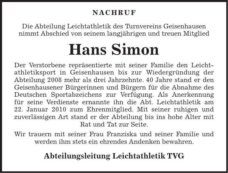 Traueranzeige Hans Simon