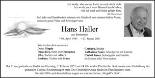 Traueranzeige Hans Haller