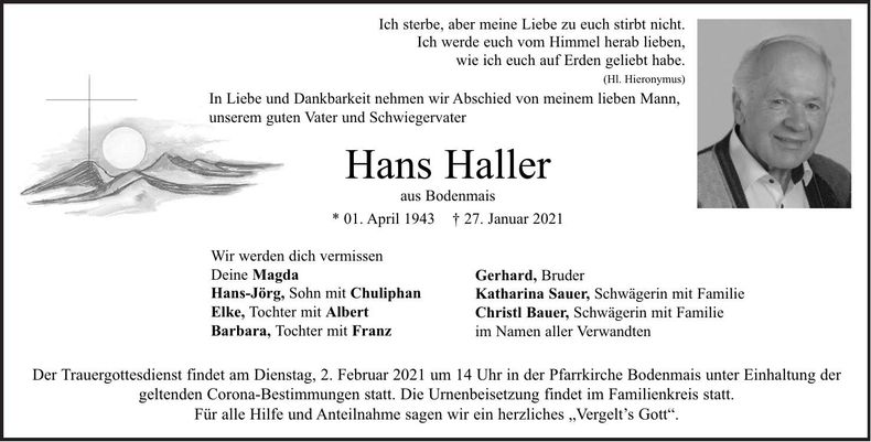Traueranzeige Hans Haller