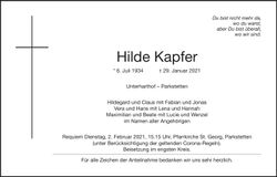 Traueranzeige Hilde Kapfer