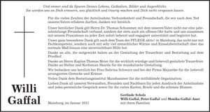 Traueranzeige Willi Gaffal
