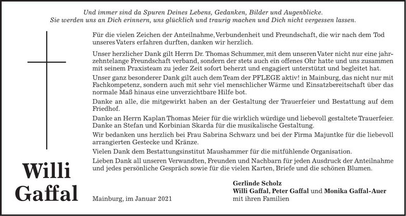 Traueranzeige Willi Gaffal