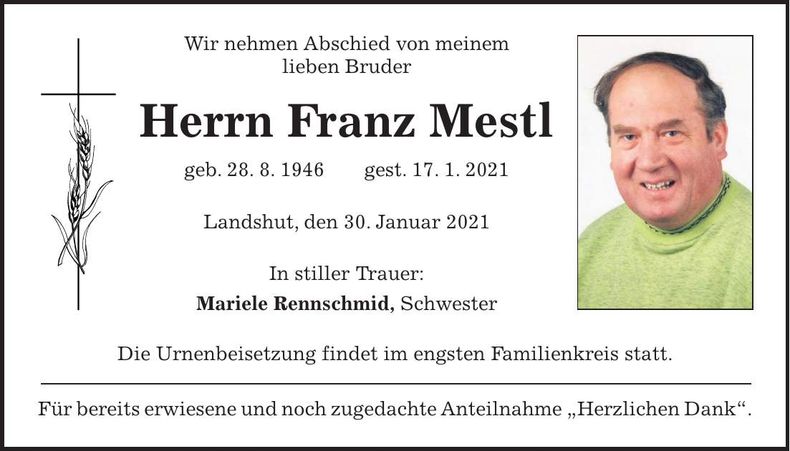 Traueranzeige Franz Mestl