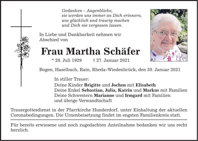 Traueranzeige Martha Schäfer