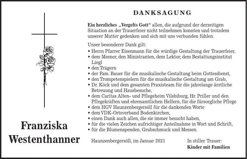 Traueranzeige Franziska Westenthanner