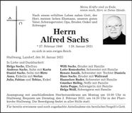 Traueranzeige Alfred Sachs