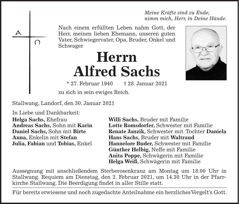 Traueranzeige Alfred Sachs