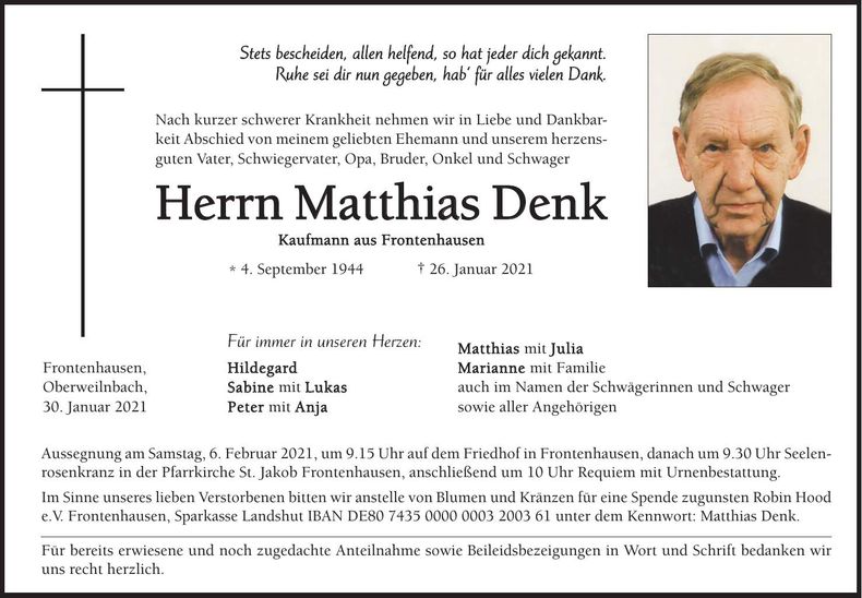 Traueranzeige Matthias Denk