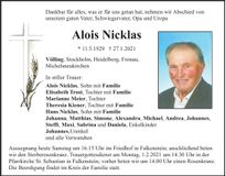 Traueranzeige Alois Nicklas