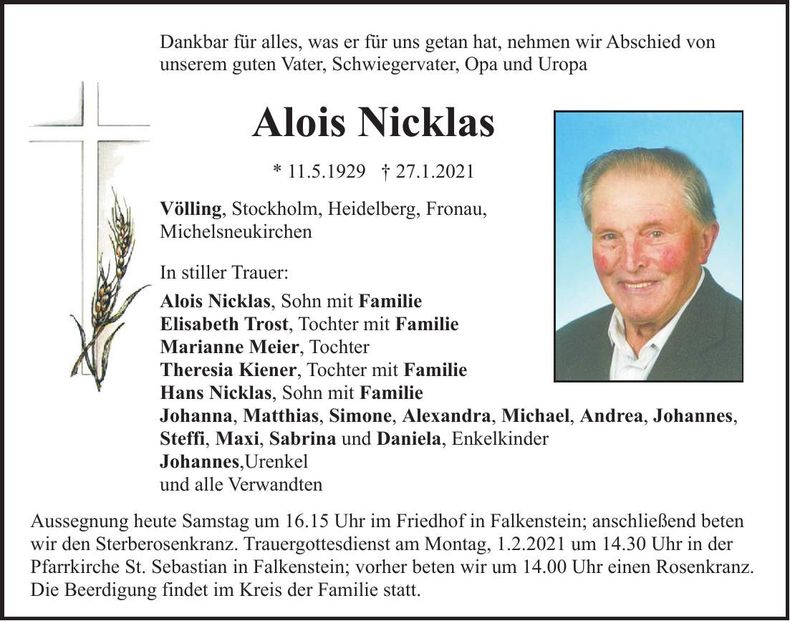 Traueranzeige Alois Nicklas