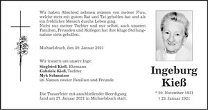Traueranzeige Ingeburg Kieß