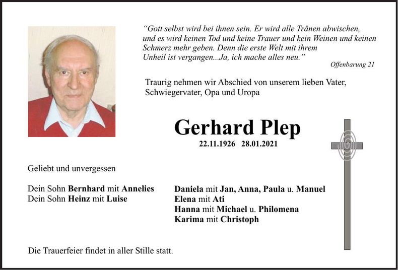 Traueranzeige Gerhard Plep