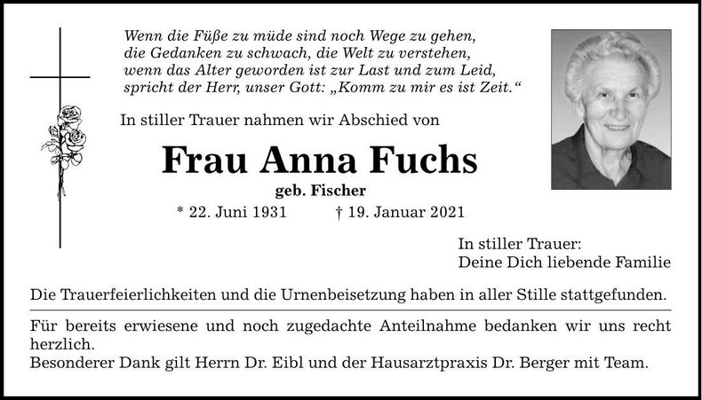 Traueranzeige Anna Fuchs